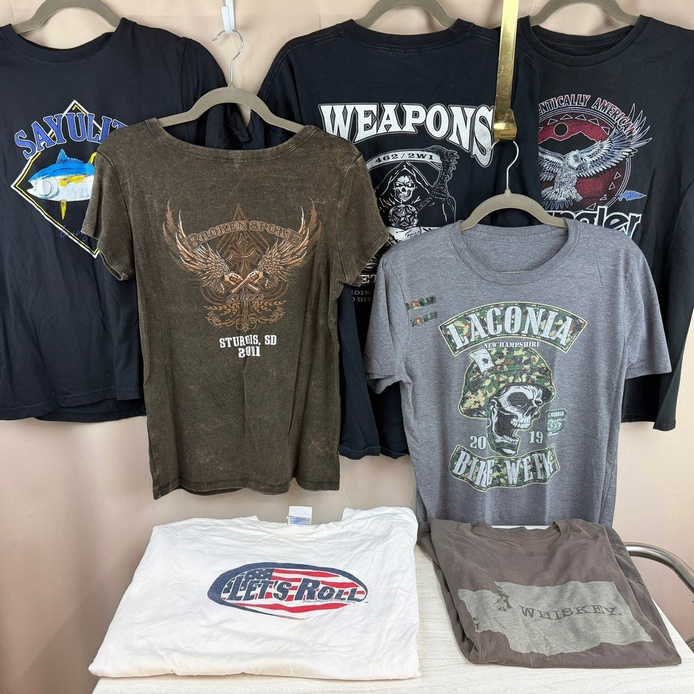 Vintage T-Shirt Lot (7) Graphic Biker Guns Fishing Whiskey Beamer USA Reseller
